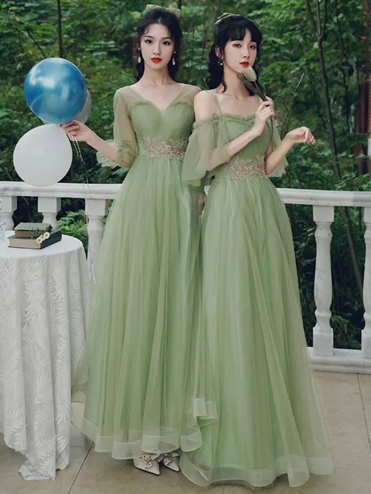 5 Stijlen Groene Bruidsmeisje Jurken Elegante Off Shoulder Applique Bruidszusters Groepsjurk Klassieke Tule Meisjes Feestjurken