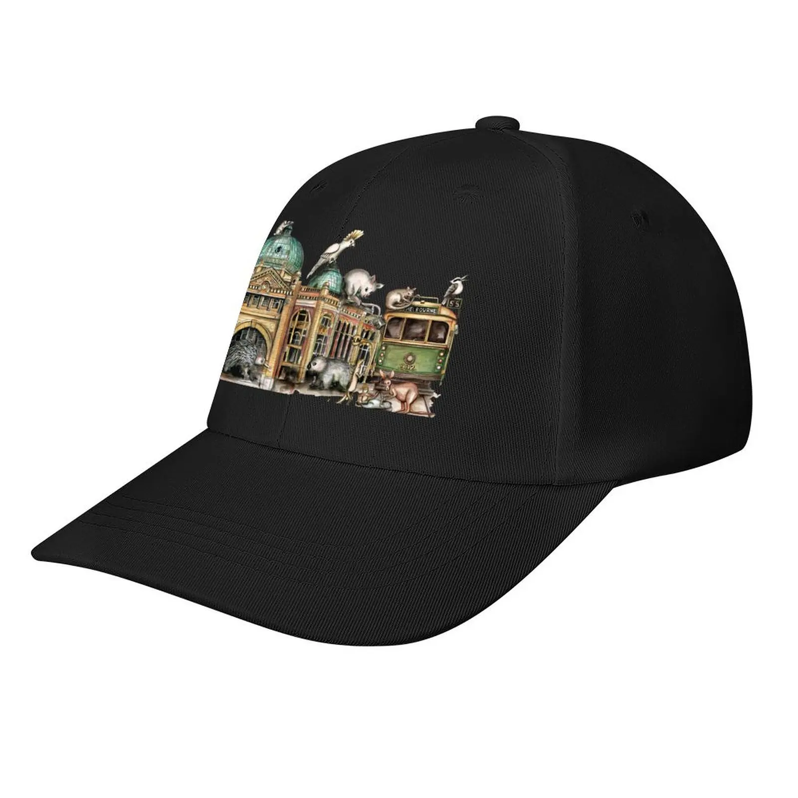 

Melbourne tram and Flinders street Baseball Cap black Christmas Hat Unique hats sun caps Mens Caps Women's