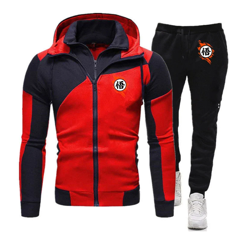 2025 Spring Autumn Men's Anime Son Goku Cosplay Logo Print Trendy Patchwork Zipper Hooded Hoodies+Solid Color Long Pants Sets