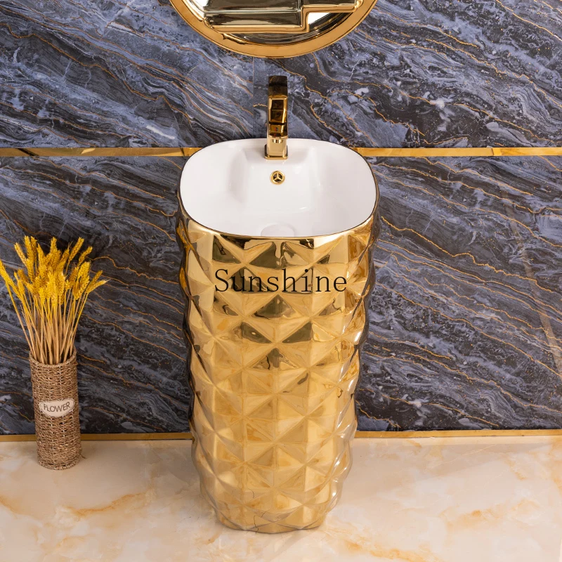 

European-style golden integrated floor-to-ceiling column basin small apartment bathroom sink