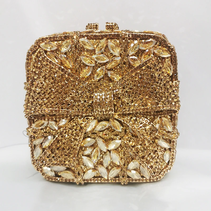 17 Colors New Gold Bow Crystal Clutches Square Rhinestone Evening Bag Party Prom Handbags Luxury Women Wedding Bridal Purses