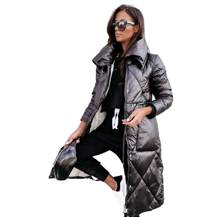 2024 New Lapel Long Women's Clothing Down Cotton Jacket Top Long Sleeve Zipper Cotton-Padded Coat Parka Autumn Winter