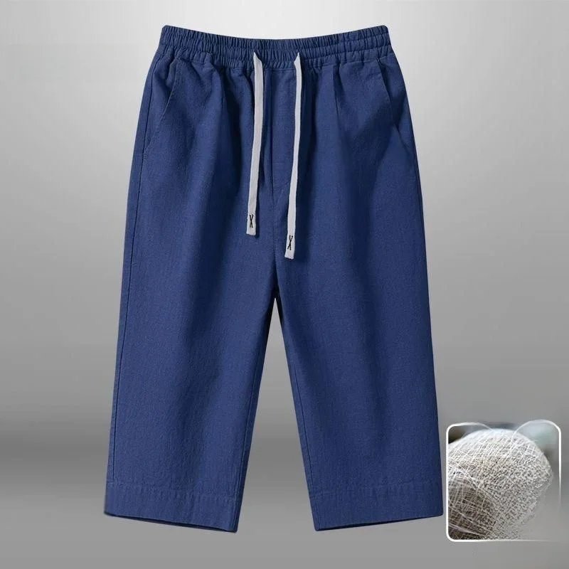 

Синие льняные мужские брюки свободного кроя длиной 7/8, дышащие тонкие хлопковые льняные брюки длиной до колена, повседневные прямые брюки