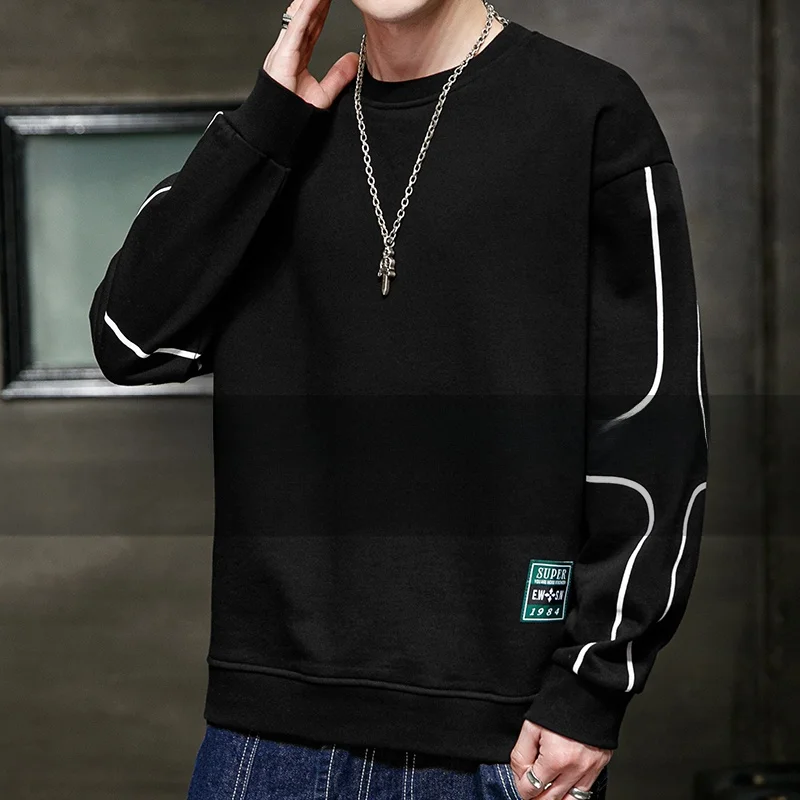 

Мужская толстовка больших размеров с круглым вырезом, длинным рукавом, в полоску, удобная, свободного кроя, повседневная одежда для полных мужчин