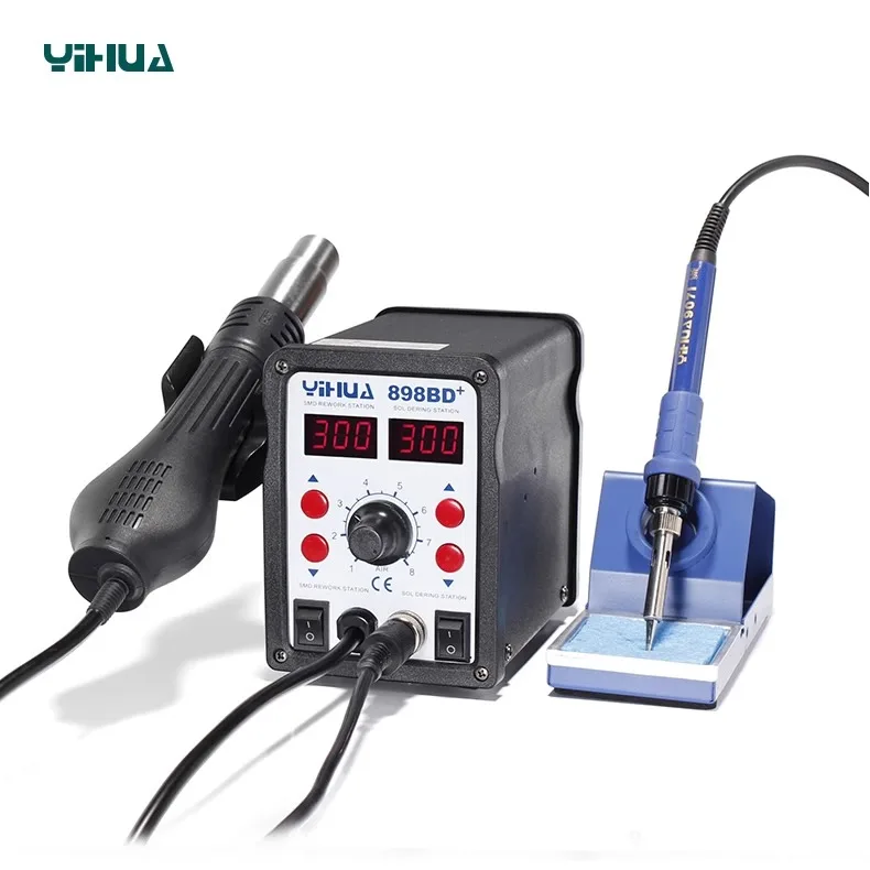 YIHUA stasiun Solder pengerjaan ulang SMD, stasiun Solder pengerjaan ulang pistol udara panas + besi Solder 2 dalam 1 SMD 898BD + 110V / 220V 750W