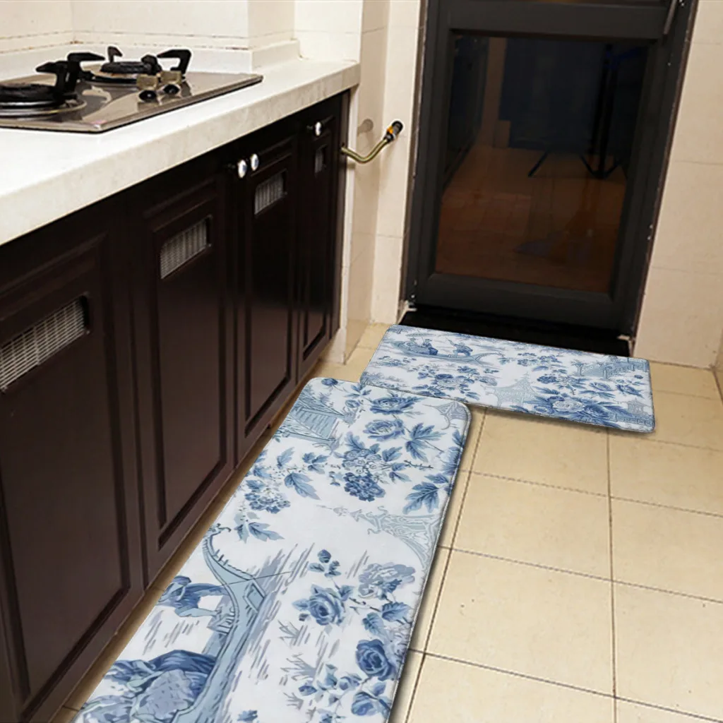 Powder Blue Chinoiserie Toile Kitchen Mat Floor Carpet Fashion Simple  House Modern Home Decor   ﻿