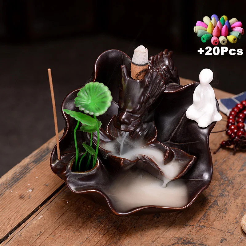 20Cones Green Plant Pot Dragon Backflow Incense Censer Aroma Chinese Gift Zen Yoga Office Tea House Decor