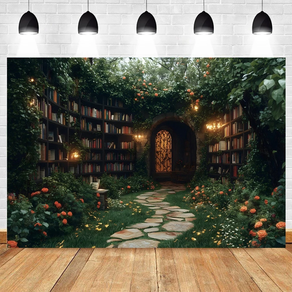 Enchanted Forest Library Books Backdrop Bookshelf Green Trees Princess Photo Baby Kids Birthday Party Photography Background