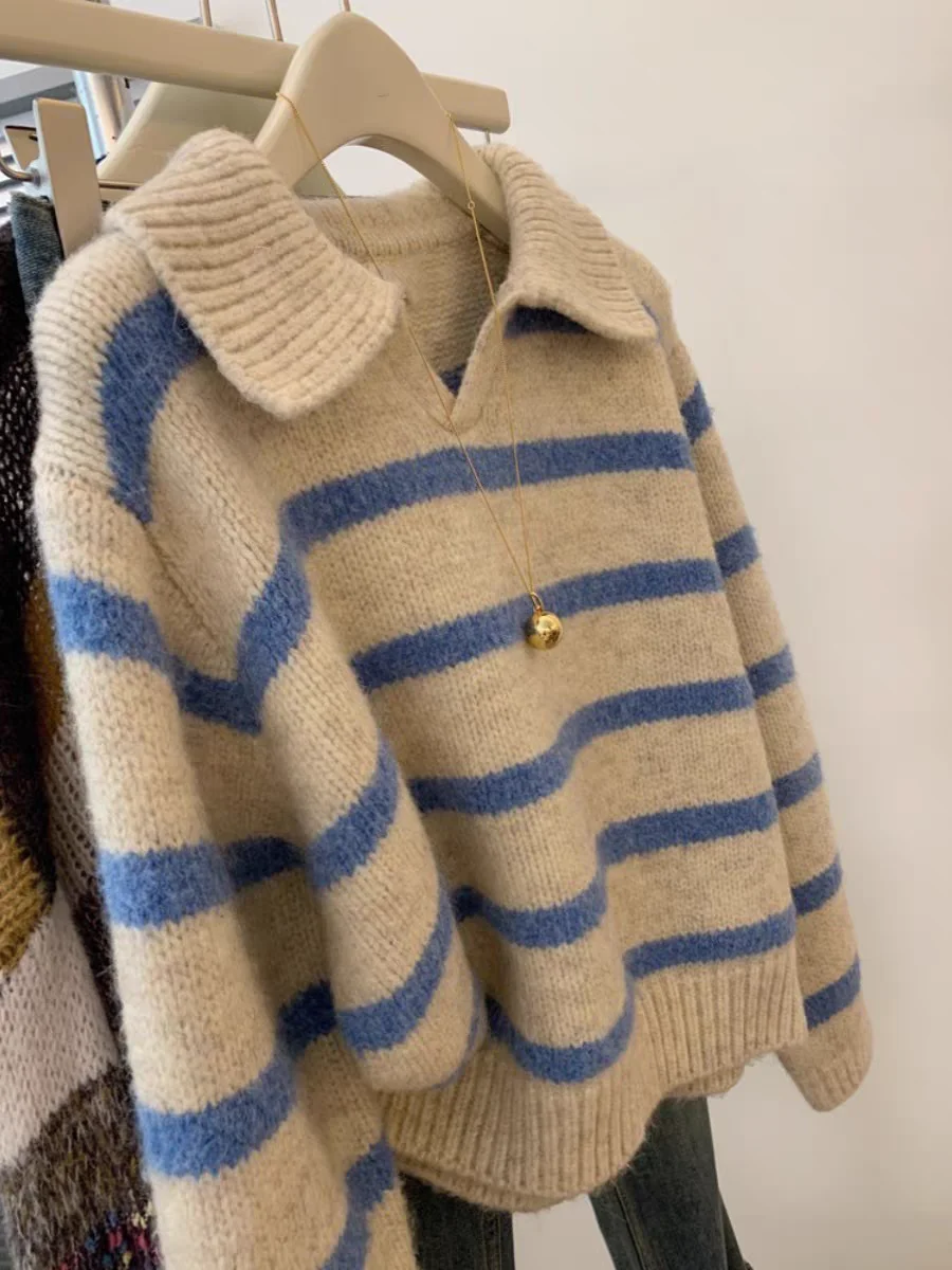 Blue Striped Soft Thickened Neck Sweater Women's Autumn Winter Loose Fit Overhead Knitted Shirt Small Size Turn-down Collar
