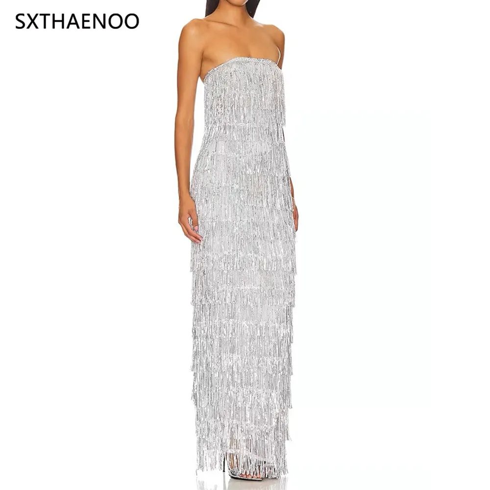 SXTHAENOO 2024 Retro Romantic Design Off Shoulder Dress for Women Silver Chain Tassel Fashon Elegant Slim Long Dress Female