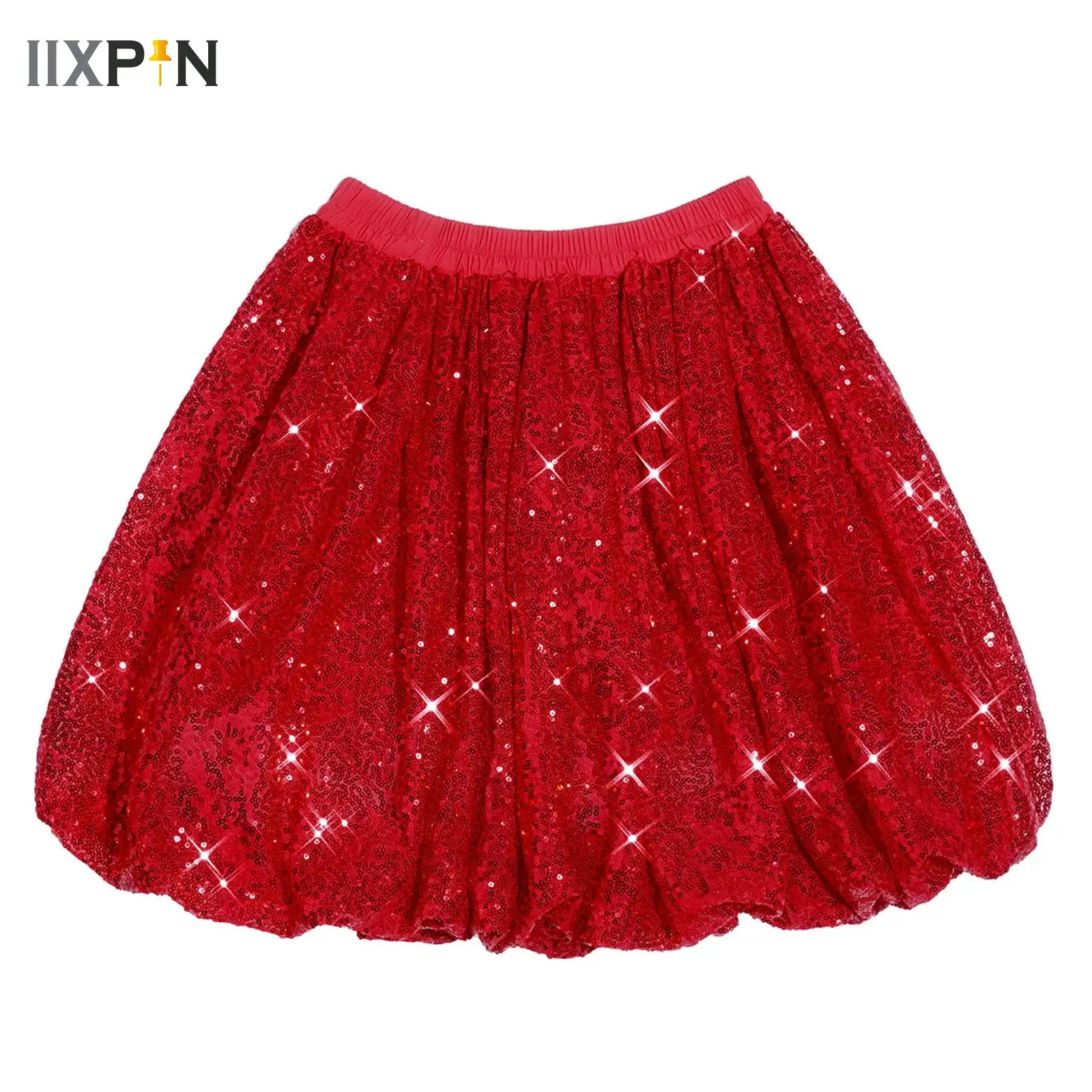 Kids Shiny Sequin Skater Skirt High Waisted Ruffled Bubble Skirt for Ballet Dance Party Costume for School Girl Jazz Dancewear