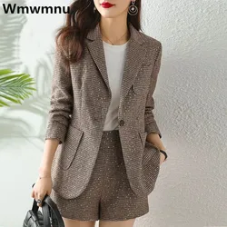 Spring Fall Plaid Sequins Suits Office Full Sleeve Blazer Jackets Conjuntos High Waist Short Pants Outfits Elegant 2 Pieces Sets