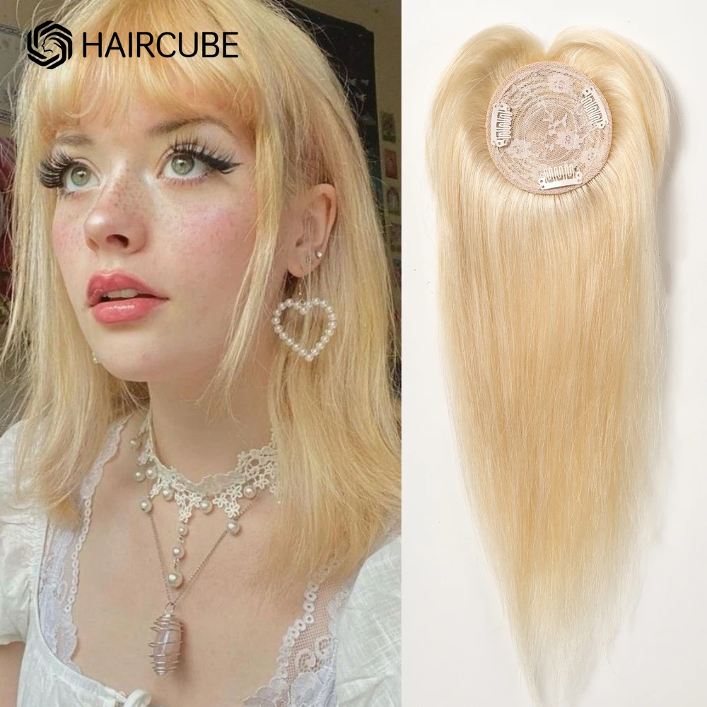 Women Hair Toppers Light Blonde Human Hair Topper with Bangs Hair Pieces for Hair Loss Remy Human Hair Topper Clip in 12inches