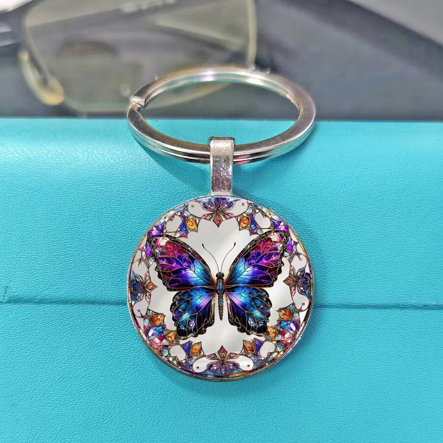 Hit Product Stained Glass Watercolor Art Butterfly Keychain Collection, Multiple Style Insect Pattern Round Metal Key Rings