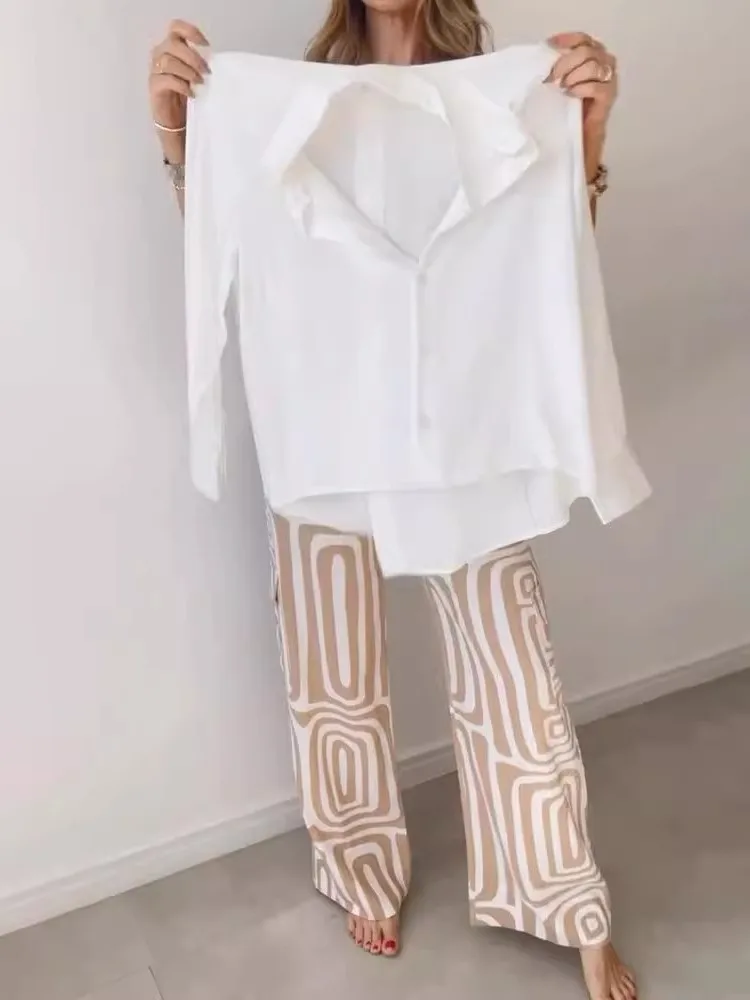 Women Fashion Two Piece Set Summer Autumn White Lapel Long Sleeve Single Breasted Shirt Top & Print Wide Leg Pants Sets No Belt