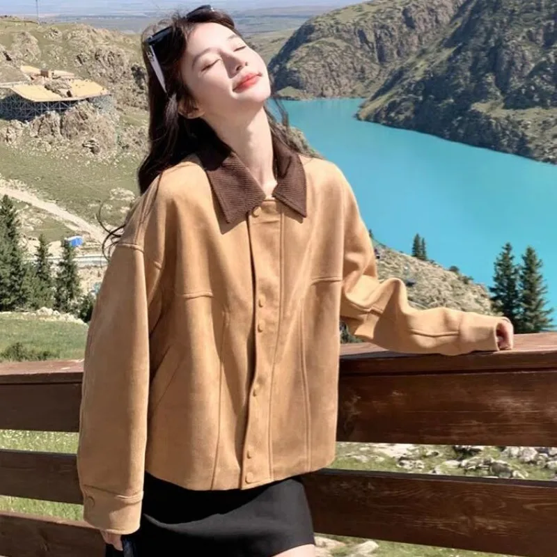 

Retro Fashion Style Turndown Collar Women's Short Coat Spring Autumn High Quality Elegant Short Jacket Solid Slim Women Top