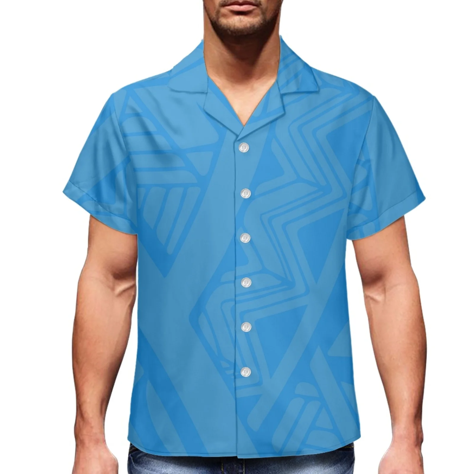 

New Summer Ice Feeling V-neck Short Sleeve Men's Shirt Samoa Totem Print Single Breasted Lapel Loose Casual Slouching Style Top