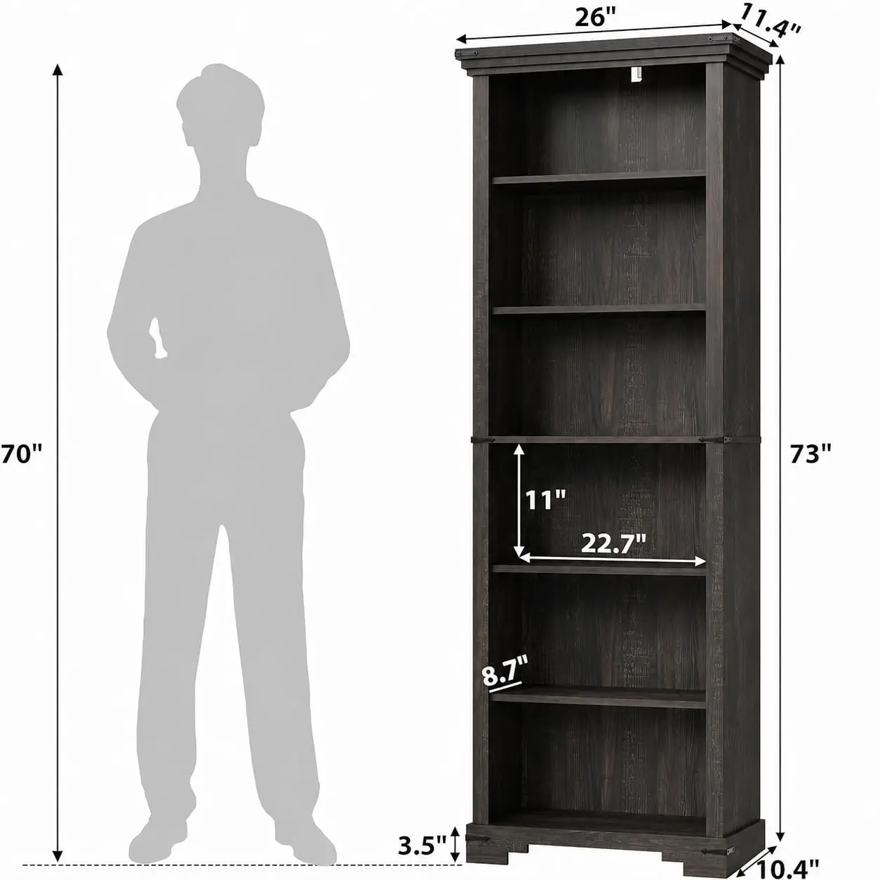 6-Tier Farmhouse Bookshelf, 73 inch Tall Bookcase with 2 Adjustable Shelves