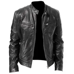 Men's European Black Leather Punk Business Sports Jacket, Standing Collar, Punk Coat, Motorcycle, Large, Autumn, Winter