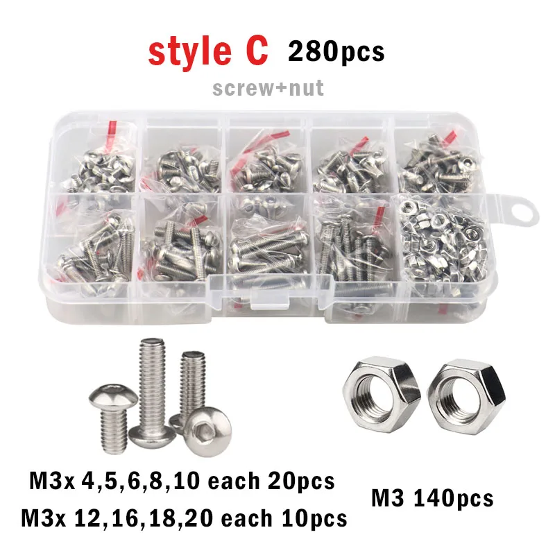 M2 M2.5 M3 M4 M5 304 Stainless Steel Screw Allen Hexagon Hex Socket Button Round Pan Head Screws Bolt Nut Washer Set Box Kit