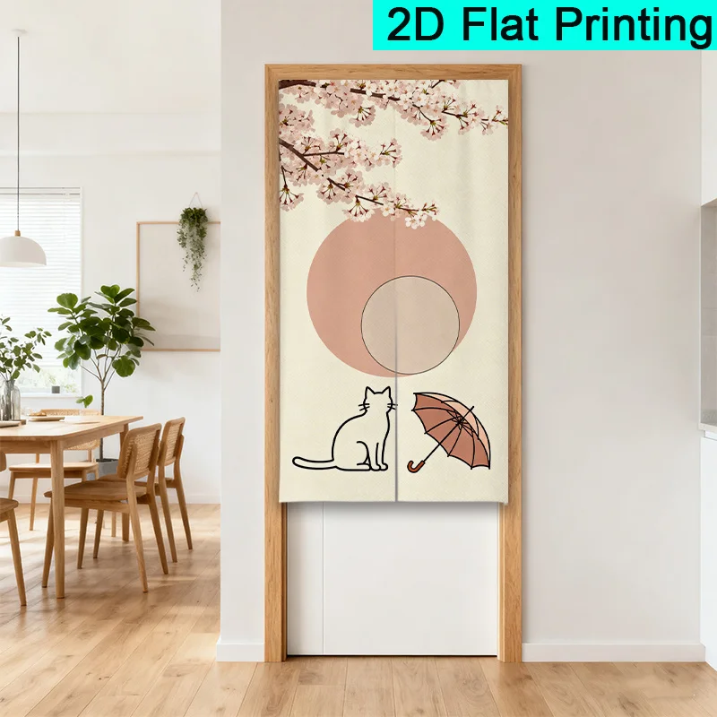 

Стильная дверная занавеска с изображением кошки и зонта сакуры, традиционная полупанельная, для ресторана, легко моющаяся, разделитель комнаты, простая установка.