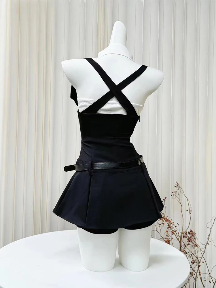 Summer Women Preppy 2000s Preppy Rave Vacation Suit Outfits 2 Piece Dress Set Sleeveless Hot Crop Top + Backless Mini Jumpsuits