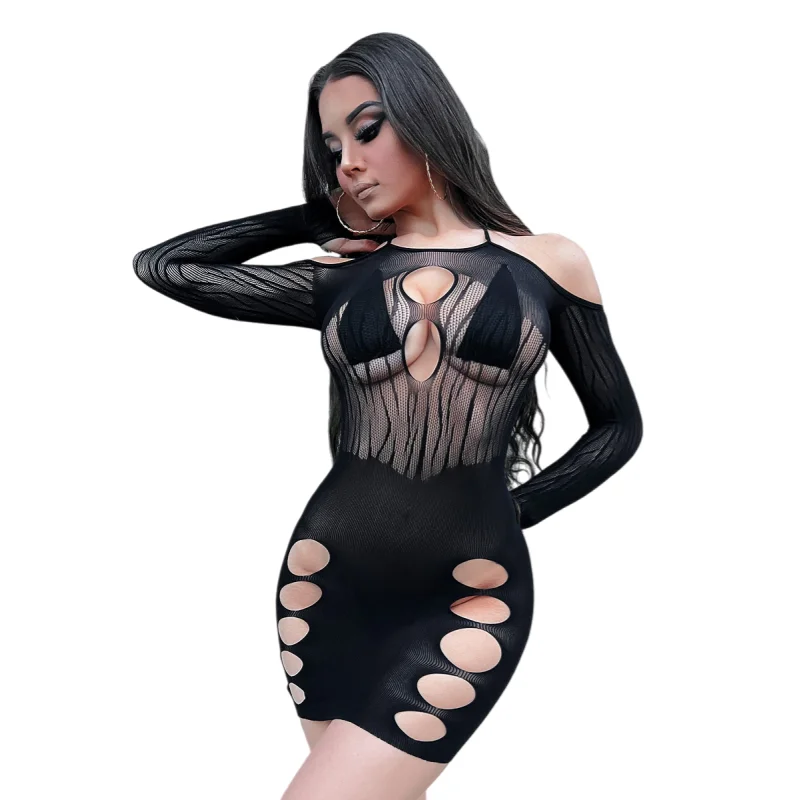 

Plus Size Seductive Sheer Bodysuit for Women Open Crotch Lace Mesh Fishnet Teddy Tight Fitting Lingerie Set with Accessories