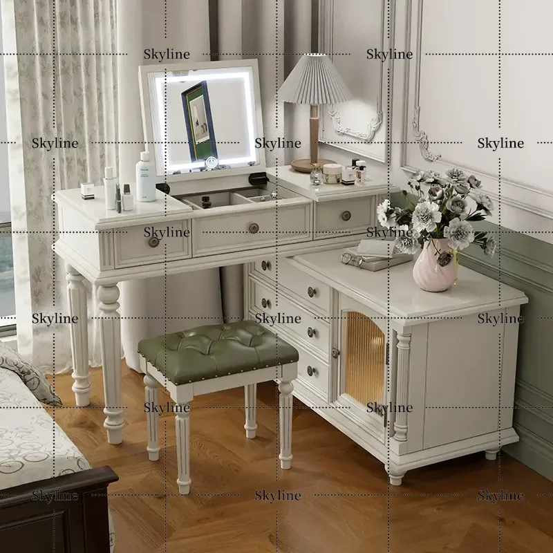 for French Retro Small Apartment Bedroom All Solid Wood Flip Retractable Dresser with Lamp Milk White Makeup Table