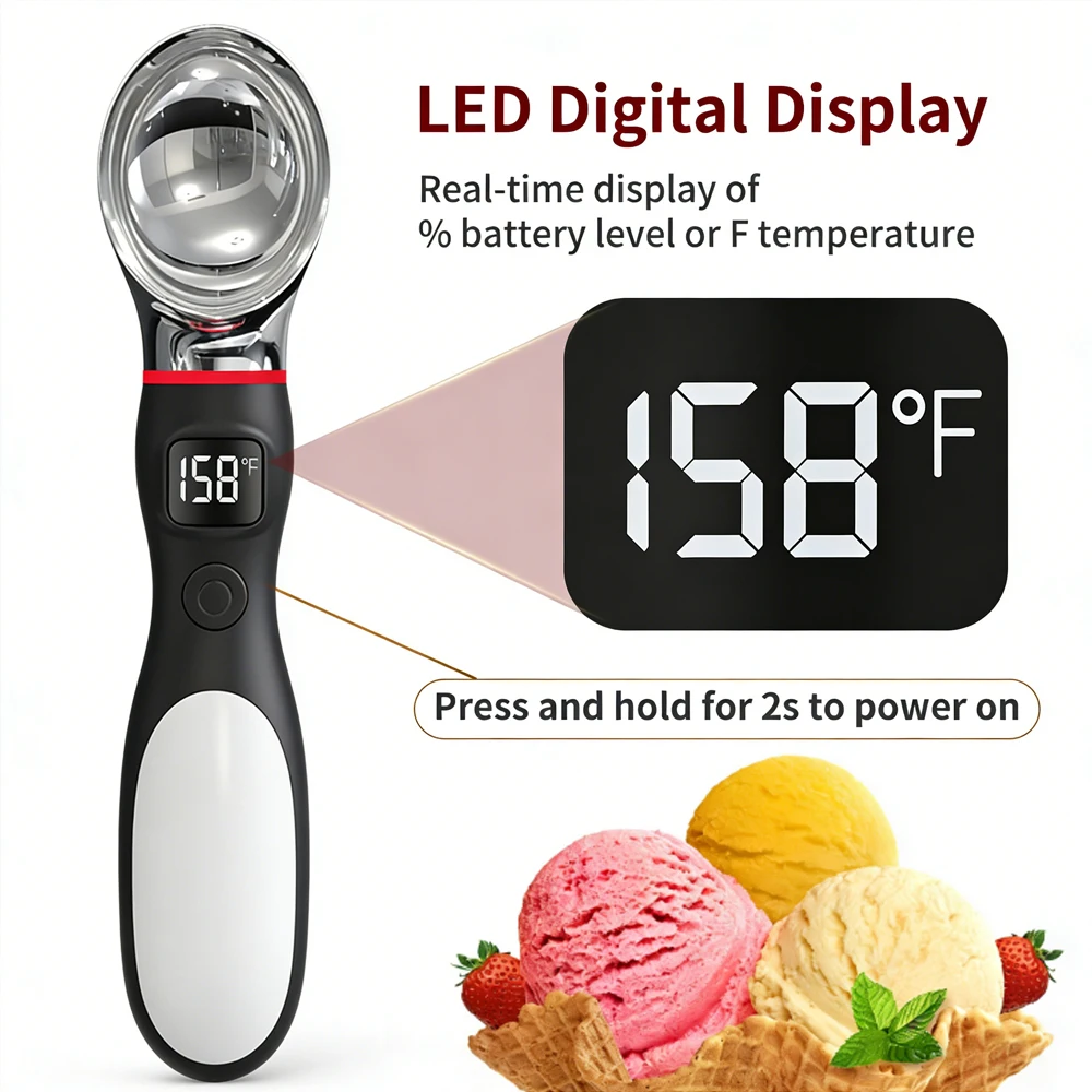 

Heated Ice Cream Scoop, 3 Temp Modes LED Display Rechargeable Food-Grade Zinc Alloy Self-Heating Scoop for Hard Ice Cream