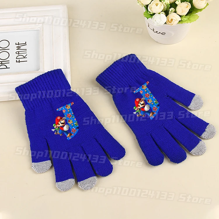 Cute Marioed Man Glove Game Letters A-Z Anime Print Boys Outdoor Warm Casual Street Outdoor Finger Knitted Glove Kids Party Gift