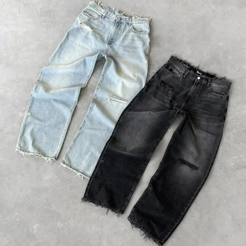 Deeptown Washed Ripped Distressed Jeans Women and Man Hole Embroidery Wide Leg American Retro Denim Pants Baggy Punk Streetwear