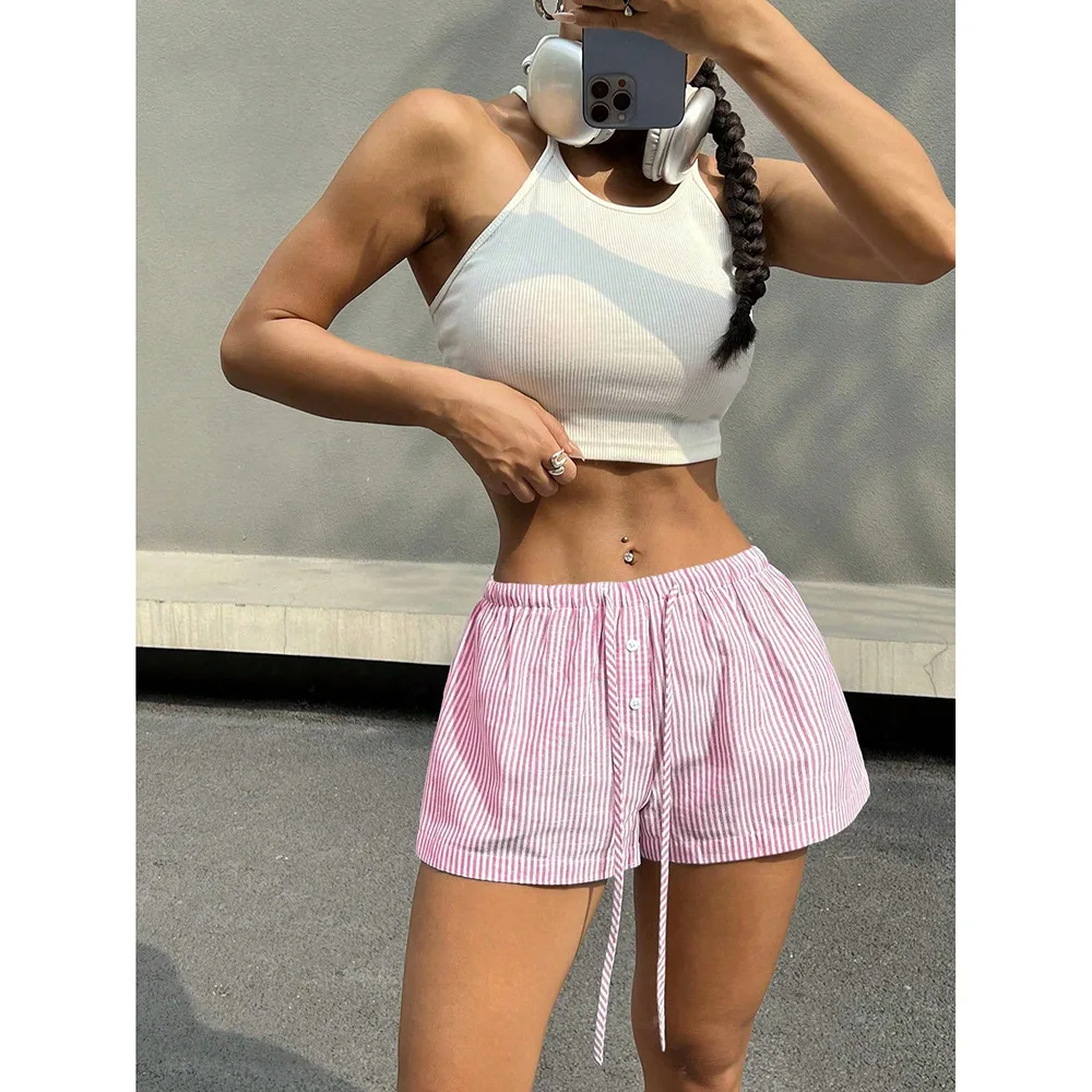 Women's Y2K Striped Print Loose Shorts Casual Elastic Waist with Button Detail Fashionable Streetwear Chic Basic Bottoms