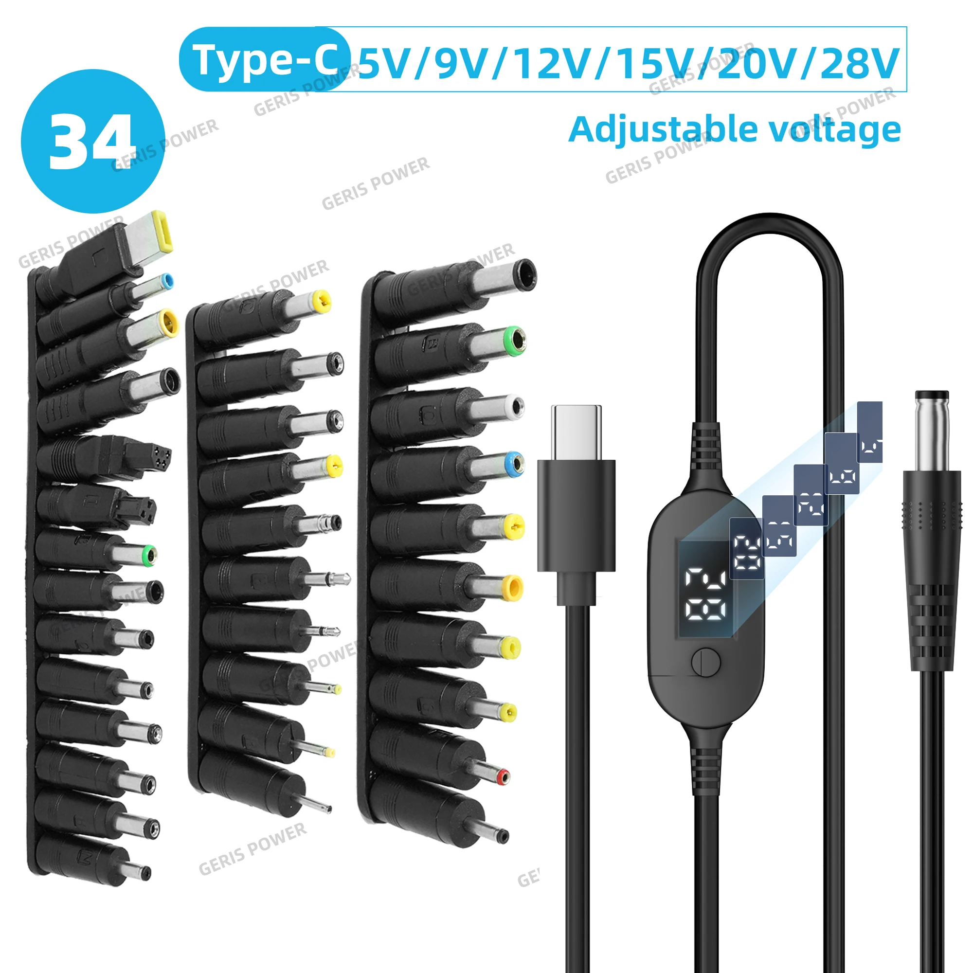 ​ 34PCS Universal 5,5x2,1mm DC AC Power Adapter Tipps Stecker Kits 140W PD USB C zu 5,5X2,5mm 5V-28V Einstellbare Spannung Kabel