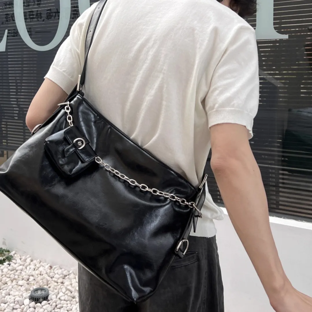 

Shiny Leather Crossbody Bag Unisex Tote Shoulder Bag Motorcycle Commuter Purse