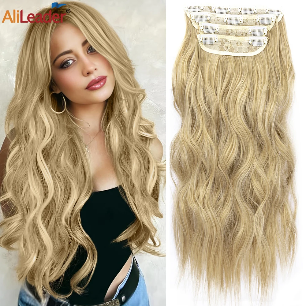 

Clip In Hair Extension 20 Inch Ombre Blonde 4Pcs/Set Long Wavy Curly Fake Hairpieces For Women Thick Synthetic Fiber Full Head