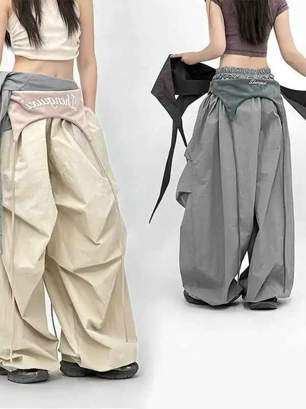 الأمريكية الرجعية واسعة الساق العمل السراويل النساء الصيف الكمثرى القرد ثنى الشارع الرقص عالية الخصر فضفاض بناطيل كاجوال