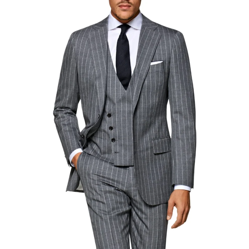 Chic Pinstripe Men Suits Gray Formal Notch Lapel Single Breasted Business Casual Wedding Tuxedo Slim Fit (Jacket+Vest+Pants)