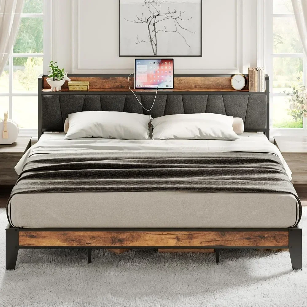 Bed Frame, Storage Headboard with Charging Station, Solid and Stable, Noise Free, No Box Spring Needed