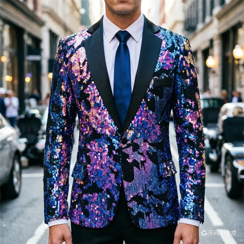 

Purple men's long sleeved suit jacket, round metal sequin decorative dress jacket, wedding/party performance top.