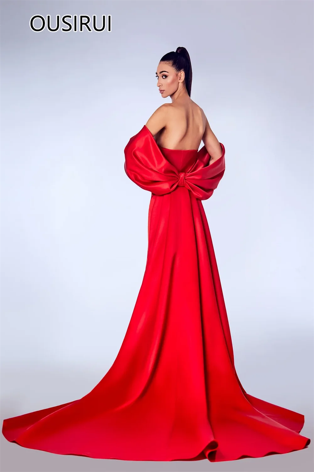 Custom Made Strapless Satin Pleated Formal Evening Dress Side Slit Backless Floor-Length Bow Evening Gown with Court