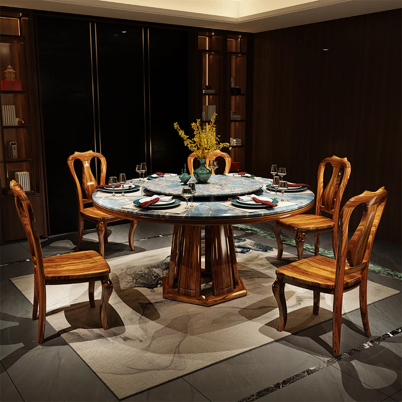 Chinese high quality ebony marble table solid wood dining table chair 8-person dining table round combination furniture