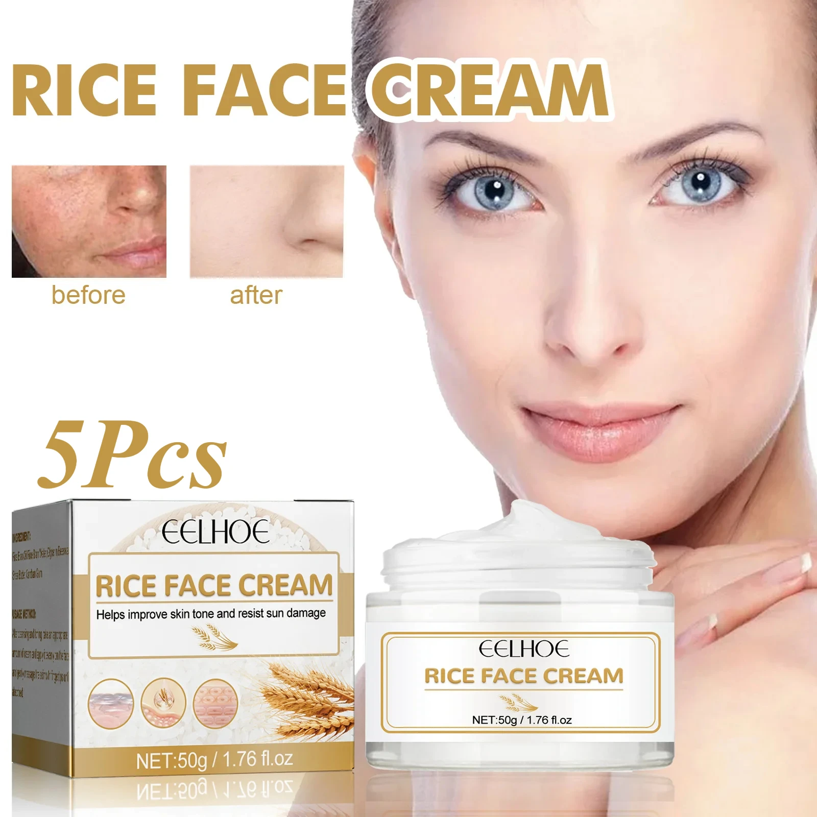 Crema Facial de arroz, crema reafirmante para el rostro, disminuye las líneas finas, mejora la pigmentación, Control de aceite, hidrata los productos para el cuidado Facial, 5 uds.