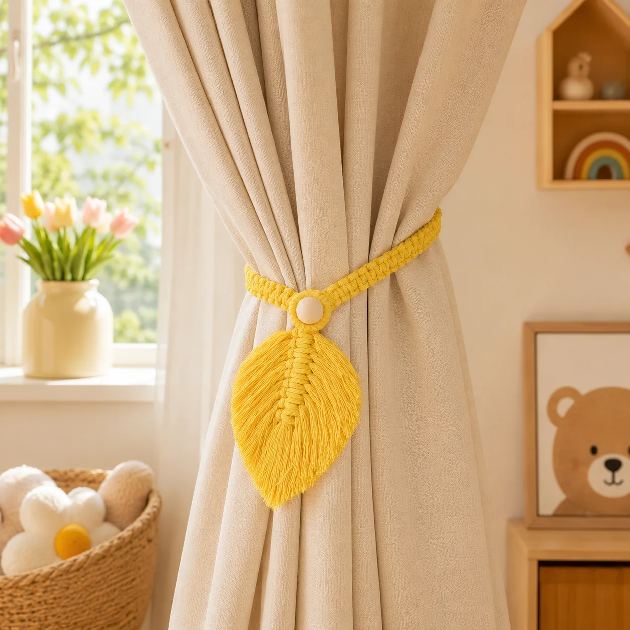 1Pcs Macrame Leaf Curtain Tiebacks, Cotton Rope Curtain Tie Backs with Wooden Bead, Boho Decorative Curtain Holdbacks for Window