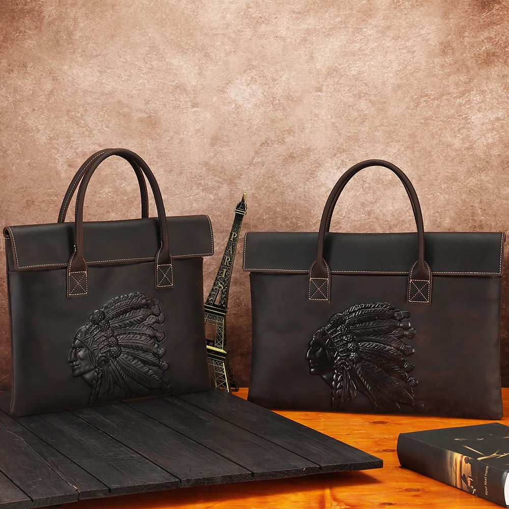 Crazy Horse-Bolso de mano para hombre, maletín de cuero ligero para ordenador portátil, viaje de negocios