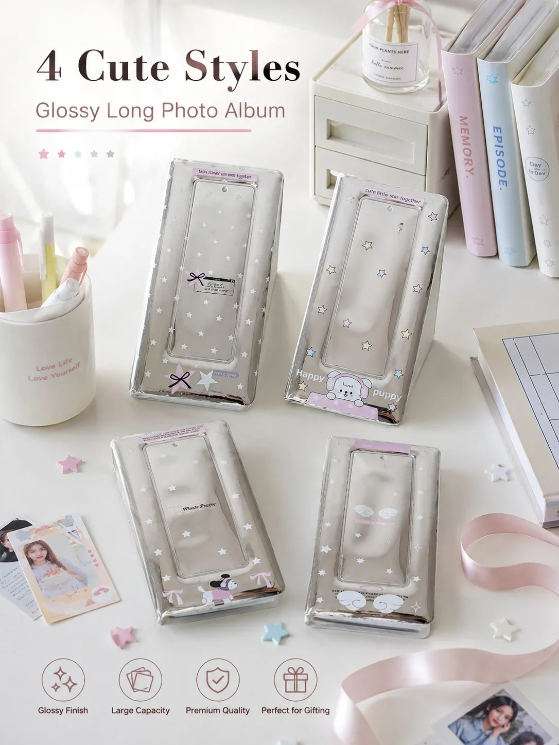 Korean Star Glossy 4-Slot Album, Strip Photo Card Binder for Students, Ticket Receipt Storage Book for Kpop Fans