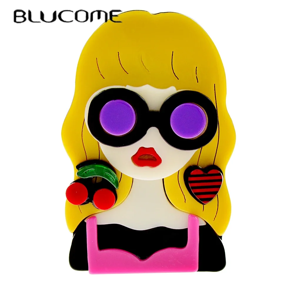 Blucome Acrylic Wear Cherry and Heart Earrings Blond Hair Girl Brooch Pin Acetate Fiber Material 2023 New Fashion