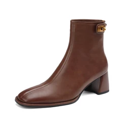 Petite Foot Split Leather Women Fashion Ankle Boots Autumn Winter Retro Black Brown High Chunky Heel Round Toe Boots A386-2