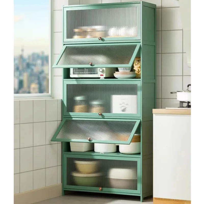 

Standing Kitchen Cabinet with Flipping-up Dustproof Door Bamboo Kitchen Storage Cabinet for Bowl Spice Dishes Organizer