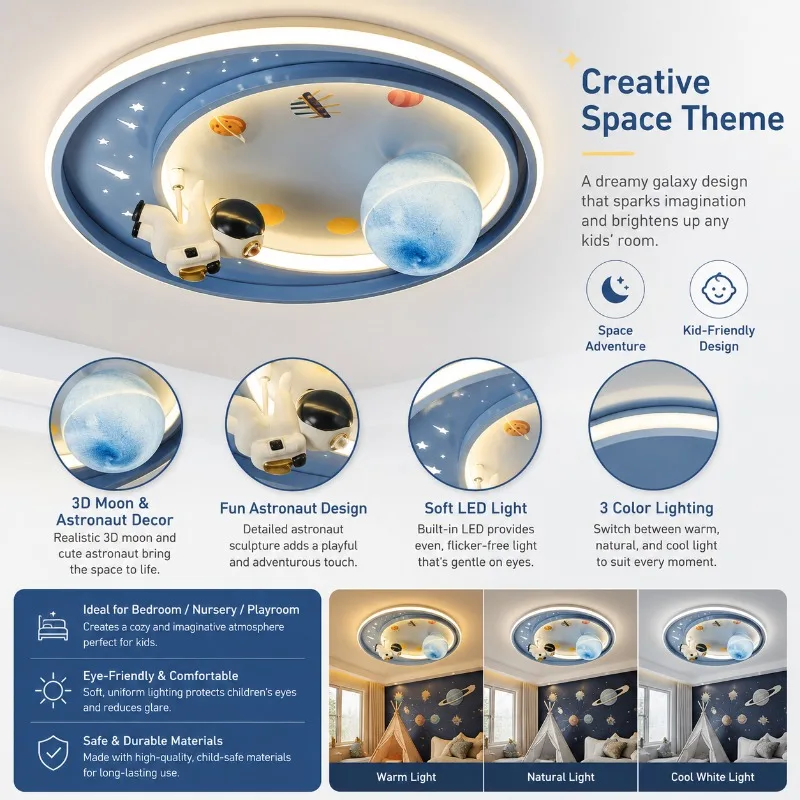 Kids Ceiling Light Astronaut Planet LED 50cm 62W Space Theme 3 Color Dimmable for Bedroom Nursery Playroom Home Ceiling Light