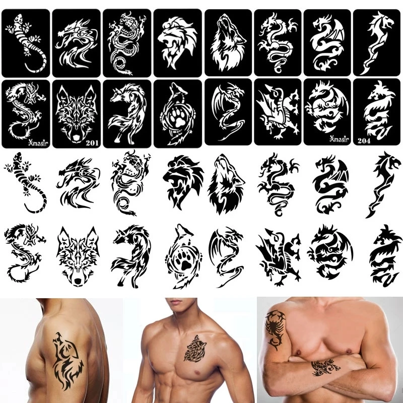 Plantillas de tatuaje con aerógrafo pequeño para hombres y mujeres, plantilla de dibujo de Henna para pintura, purpurina, 4 patrones, herramienta de tatuaje, 1 hoja